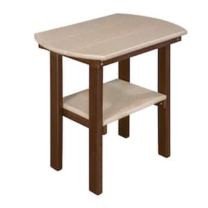 Poly Oval Brown Plastic Resin Outdoor Side Table with Weatherwood Colored Shelves
