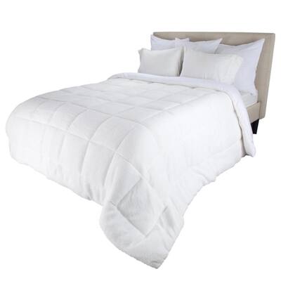 White Oversized Full/Queen SIze Reversible Down Alt Comforter with Sherpa