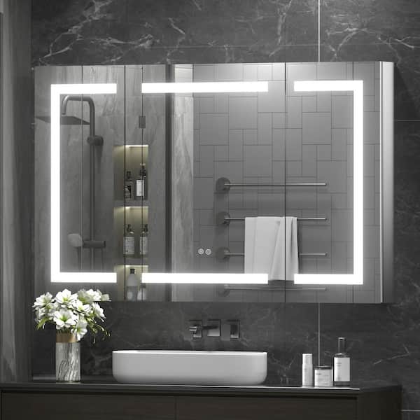 48 in. W x 30 in. H Rectangular LED Lighted Anti-Fog Tempered Glass Aluminum Medicine Cabinet with Mirror In Silver