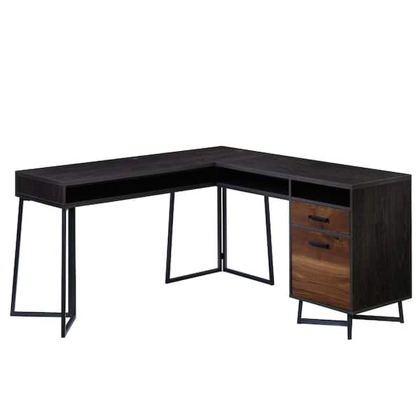 SAUDER Canton Lane 57.48 in. L-Shaped Brew Oak Computer Desk with Cubbyhole and File Storage on Metal Base