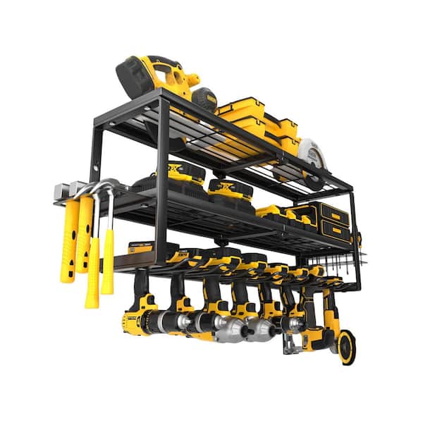 Heavy Duty Power Tool Organizer 32 in. Black Metal Extra Wide Slots Wall Rack with Drill Hanger Storage Shelf