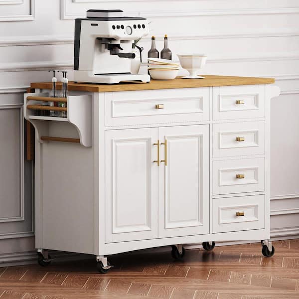 Farmhouse Rolling White Drop Leaf Wood Tabletop 52 in. Kitchen lsland with Adjustable Shelf, Wheels
