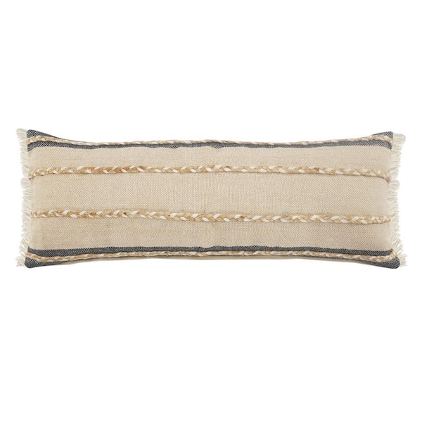 Unbranded Atlantis Black / Taupe Striped Jute Braiding Fringed Poly-fill 14 in. x 36 in. Indoor Throw Pillow