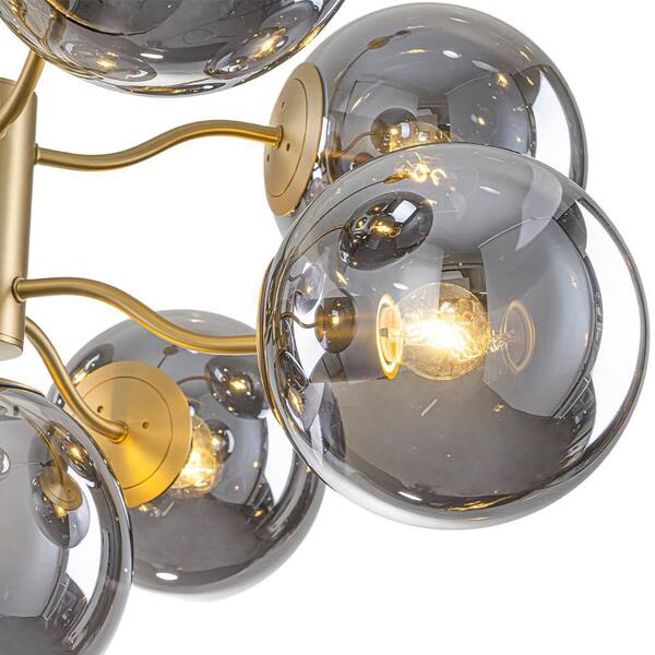 HUOKU Carla 9-Light 27.6 in.W Brushed Brass Smoked Glass Globe