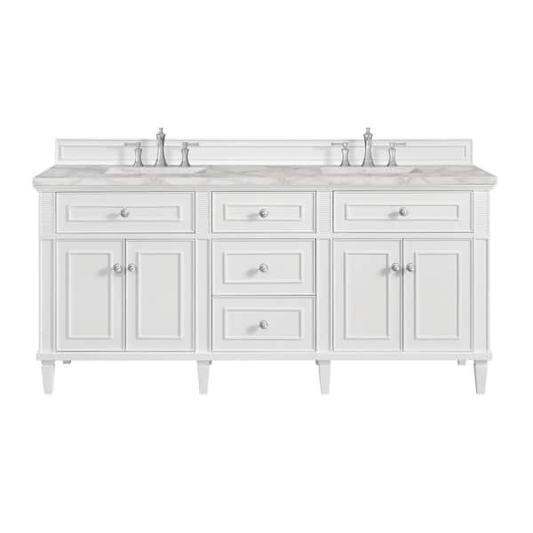 James Martin Vanities Lorelai 72.0 in. W. x 23.5 in. D x 34.06 in. H Double Bathroom Vanity in Bright White with Victorian Silver Quartz Top