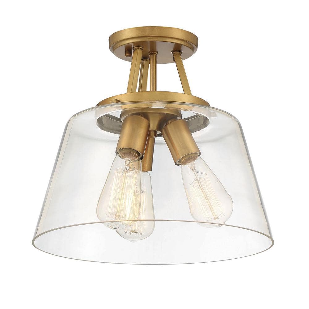 Calhoun Collection Warm Brass 3-Light Semi-Flush Mount with Clear Glass