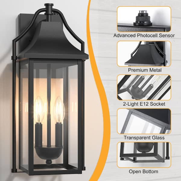 Hawaii 18 in. H 2-Bulb Black Hardwired Outdoor Wall Lantern Sconce with Dusk to Dawn