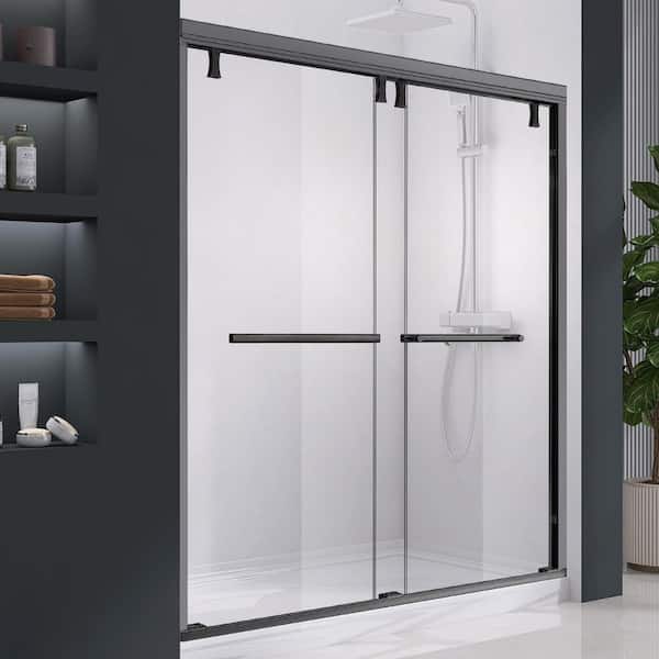 56 to 60 in. W x 76 in. H Double Sliding Frameless Shower Door Matte Black Finish w/ 5/16 in. Tempered Glass and Handle