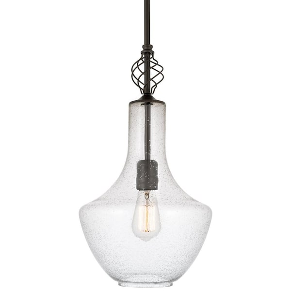 Kira Home Sydney 60-Watt 1-Light Oil-Rubbed Bronze Antique Pendant Light with Clear Seeded Shade, No Bulb Included