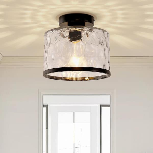 9 in. 1-Light Black Metal Semi-Flush Mount for Bathroom with Water Glass Shade and No Bulbs Included 1-Pack