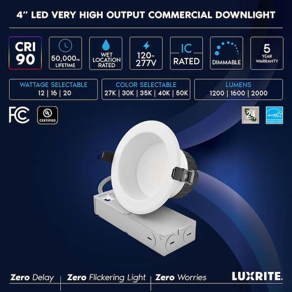 4 In. Integrated LED Commercial Recessed Light J-Box 5CCT 12/16/20W Dimmable 1200/1600/2000LM 120-277V Wet Rated