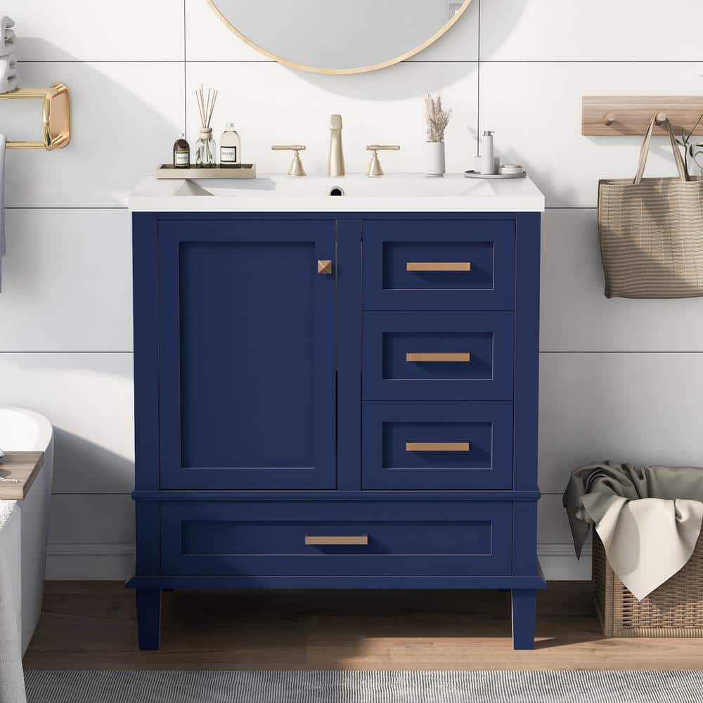 30 in. W x 18 in. D x 34 in. H Freestanding Bath Vanity in Blue with White Resin Top, a Door and 3-Drawers price history on PriceWatchPro