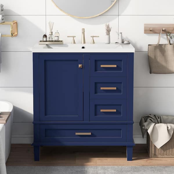 Zeus & Ruta 30 in. W x 18 in. D x 34 in. H Freestanding Bath Vanity in Blue with White Resin Top, a Door and 3-Drawers