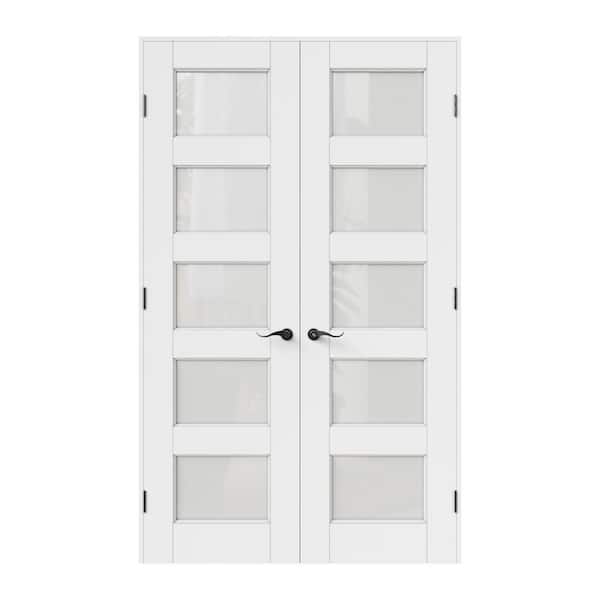 ARK DESIGN 48 in. W x 96 in. Universal Handed 5-Lite Frosted Glass White Solid Core MDF Double French Door Assemble Jamb