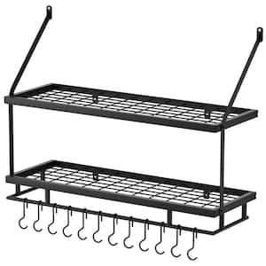 Matte Black 30 in. Wall Mount Rectangular Pot Rack for Kitchen 2-Tier with 12 Hooks