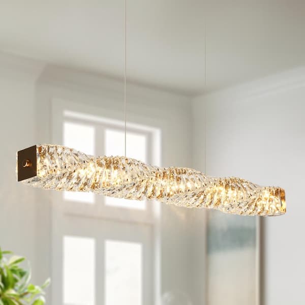 Zevni Modern 1-light Plating Brass Linear Integrated LED Chandelier with Crystal Shade, Glam Dining Room Pendant Light