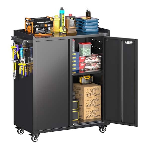 26 in. W x 31.5 in. H x 13.78 in. D Metal Freestanding Cabinet with Shelf, Pegboard, Side Push Handle in Black