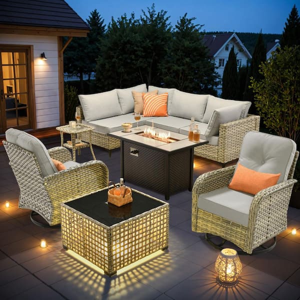 OVIOS Supery Gray 9-Piece Wicker Patio Rectangle Fire Pit Conversation Set with Gray Cushions and Swivel Chairs