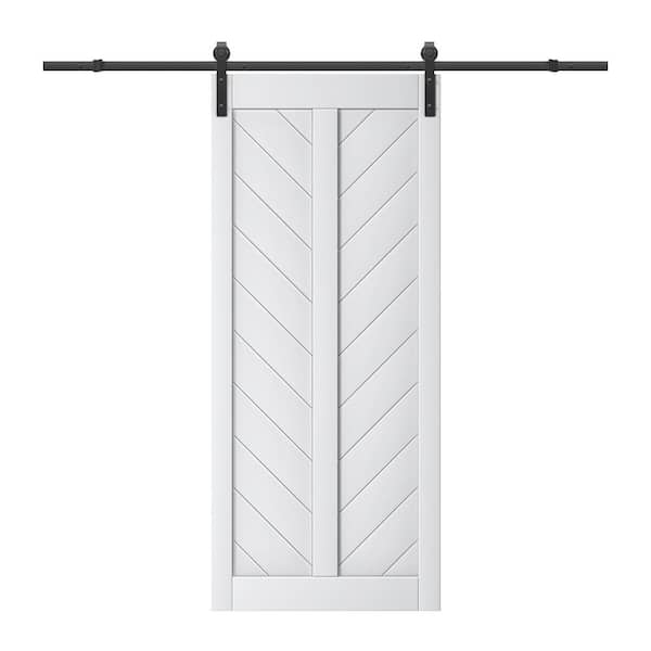 36 in. x 84 in. Paneled MDF White Primed Finished Herringbone Shape Sliding Barn Door Slab with Hardware Kit