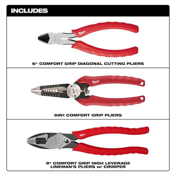 6"Comfort Grip Diagonal Ctng Pliers, Comfort Grip 6in1 Pliers, and 9"Comfort Grip Hi Leverage Linemans Pliers w/Crimper