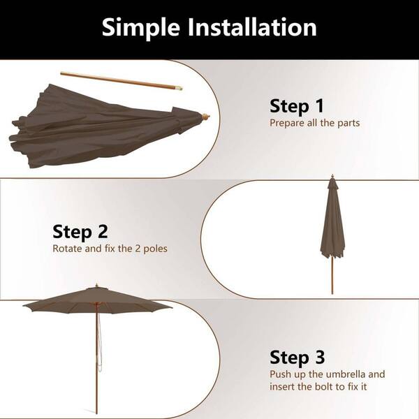 costway patio umbrella instructions Costway 10 ft. Wooden Market Table Patio Umbrella Pulley with 8 Bamboo Ribs  Sunshade Canopy in Coffee HCST06179