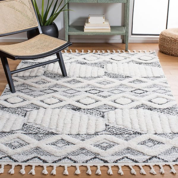 Moroccan Tassel Shag 9 ft. x 12 ft. Ivory/Gray Geometric High-Low Area Rug