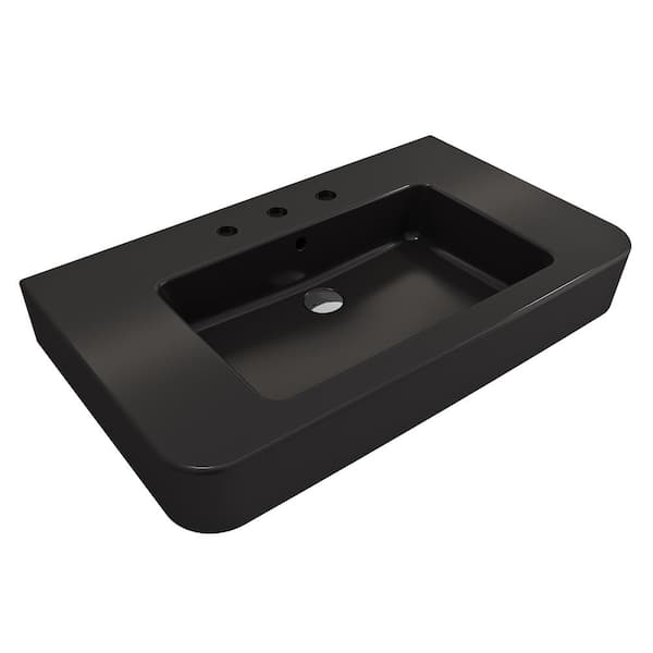 Parma Wall-Mounted Matte Black Fireclay Bathroom Sink 33.5 in. 3-Hole with Overflow