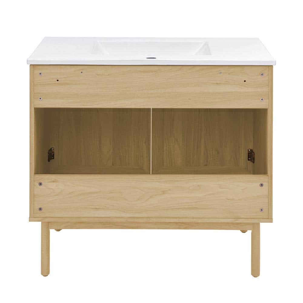Natural Oak and White Ceramic Freestanding Bathroom Vanity