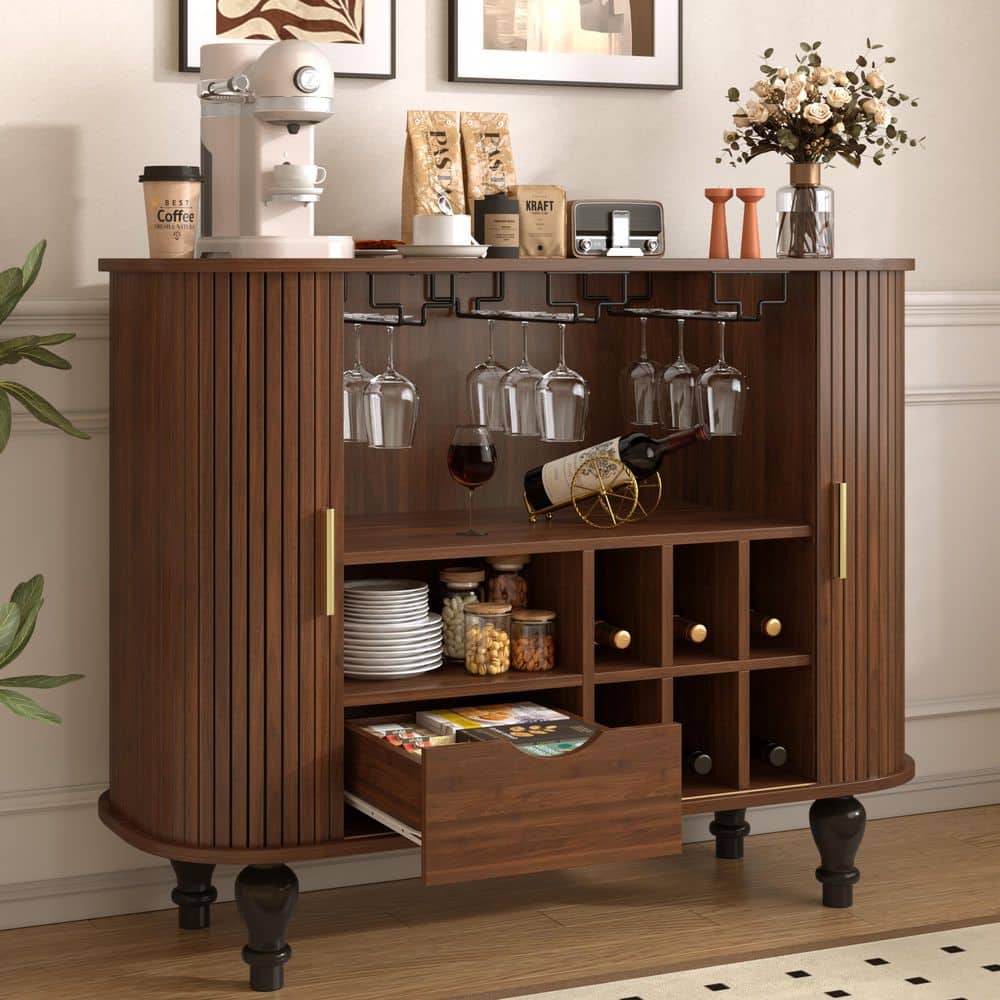Walnut Brown 39.37 in. W Wine Cabinet Mid-Century Modern Bar Cabinet 6 Wine Racks and 3 Glass Holders
