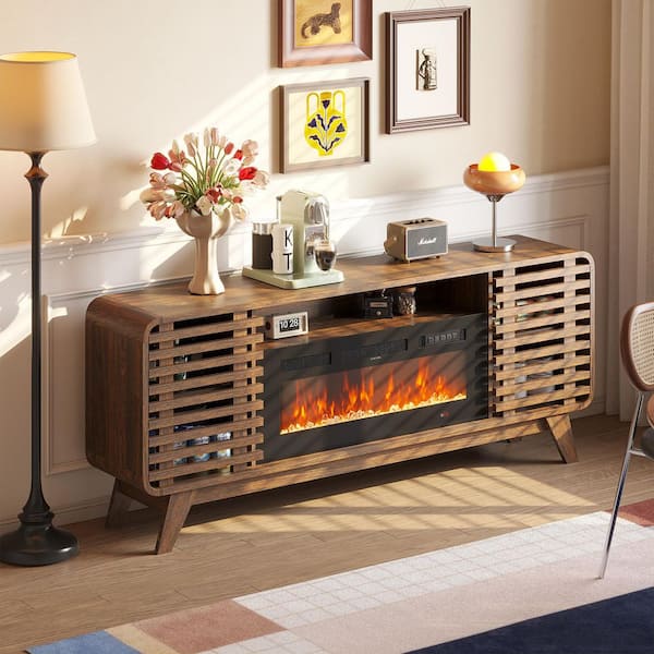 70 in. Freestanding Electric Fireplace TV Stand with Infra Red Remote Control in Brown