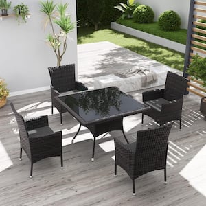 5-Piece Wicker Square Outdoor Dining Set with Glass Tabletop, 1.5 in. Umbrella Hole and Cushion Grey