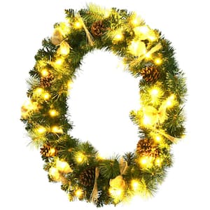 30 " Pre-lit Artificial Christmas Wreath w/Dry Straw Bow & Pine Cones