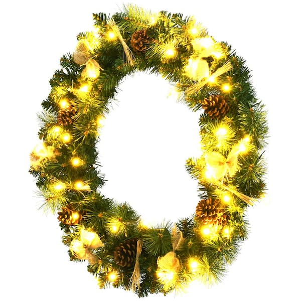 Costway 30 " Pre-lit Artificial Christmas Wreath w/Dry Straw Bow & Pine Cones