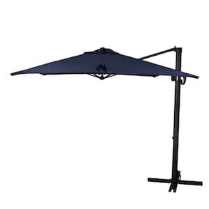 8.5 ft. Bronze Aluminum Square Cantilever Patio Umbrella with Crank Open Tilt Protective Cover in Navy Blue Sunbrella
