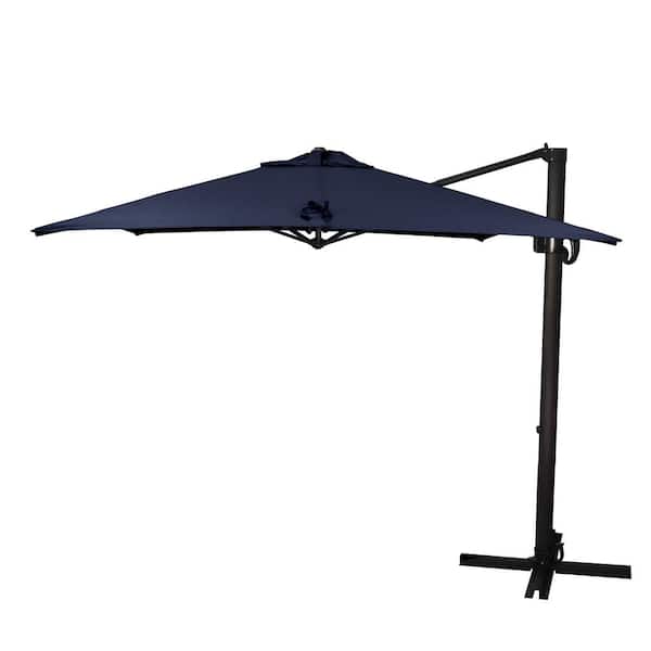 California Umbrella 8.5 ft. Bronze Aluminum Square Cantilever Patio Umbrella with Crank Open Tilt Protective Cover in Navy Blue Sunbrella