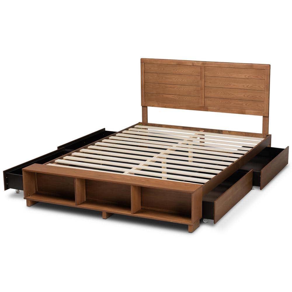 Full Size Ash Walnut Wood Storage Bed with Headboard and Drawers
