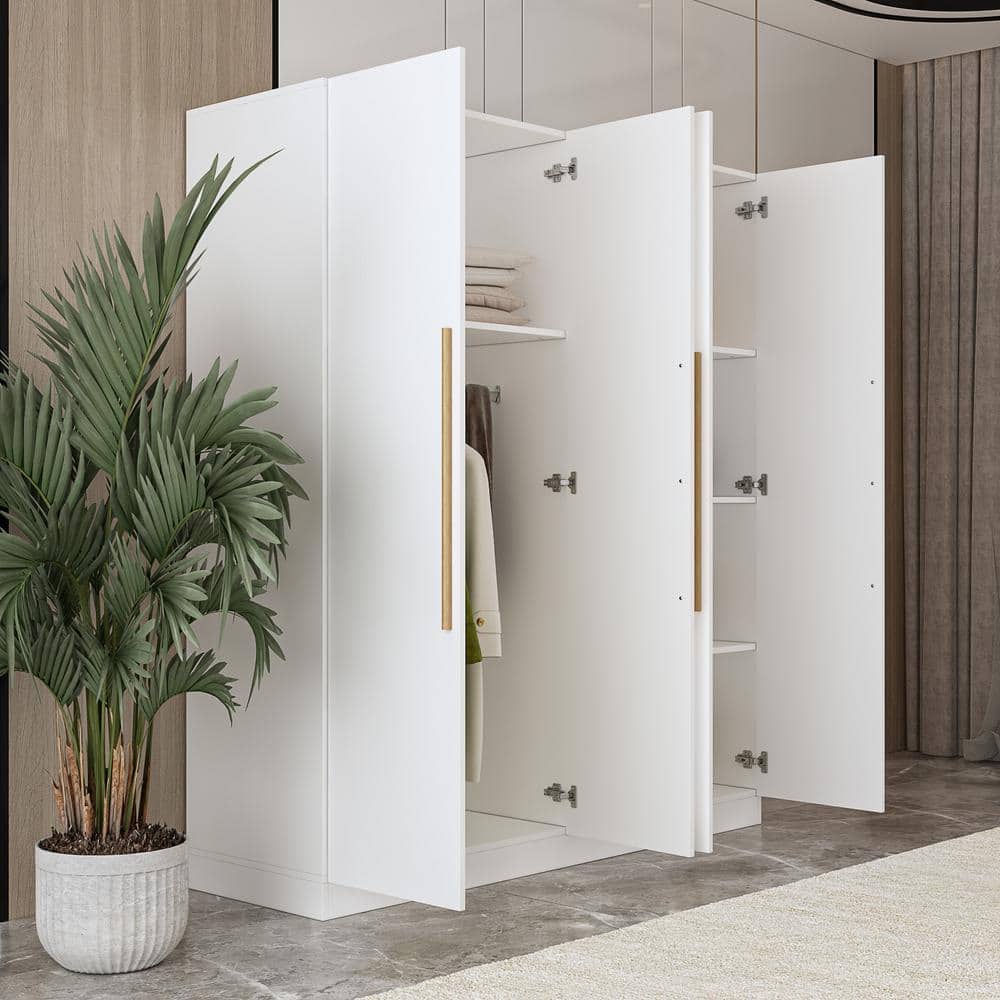 White 4-Door Wardrobe Armoire with Natural Wood Handles