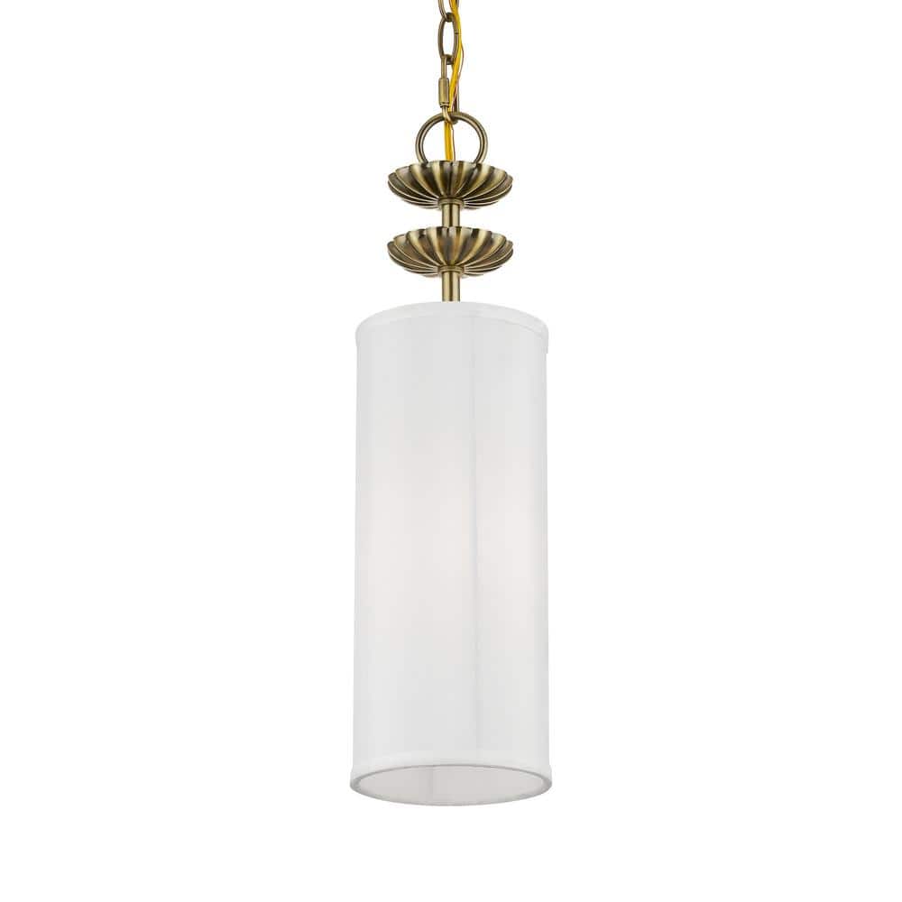 Antique Brass Floral Mini Pendant with Off-White Drum Shade