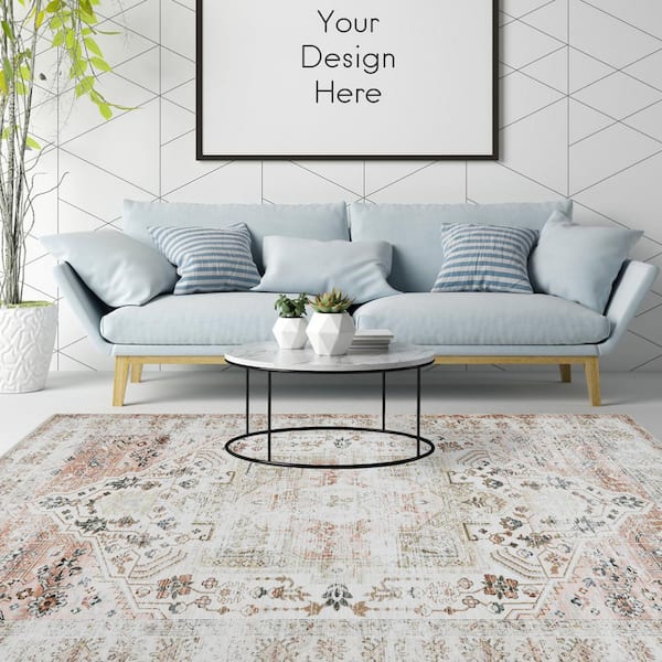 Taupe 9 ft. x 12 ft. Vintage Floral Print Distressed Indoor Area Rug