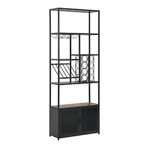 31.5 in. x 11.81 in. x 82.68 in. 5-Shelf Industrial Walnut Black MDF Floor Standing Wine Rack Cabinet with Glass Shelves