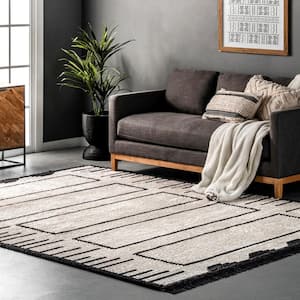 Beige 5 ft. 3 in. x 7 ft. 6 in. Lucia Soft Shaggy Textured Geometric Panel Fringe Area Rug