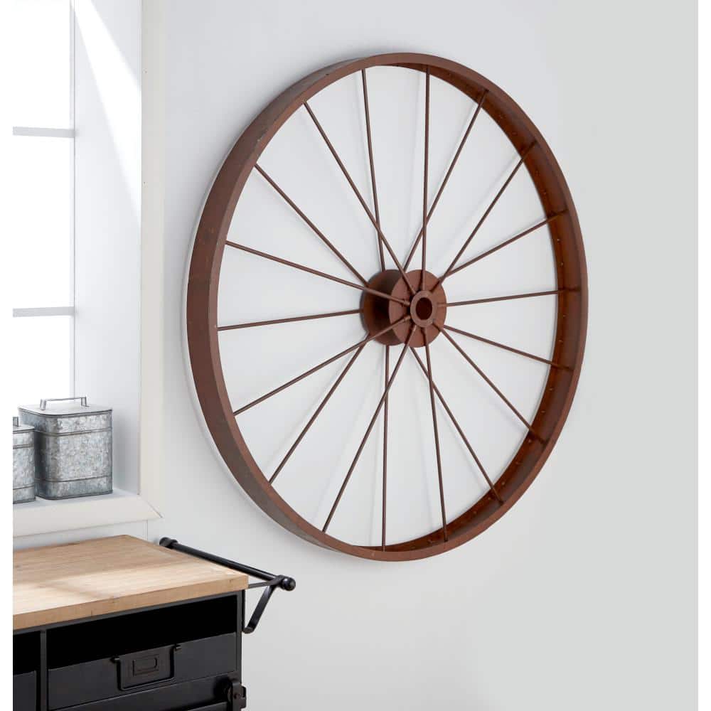 Large Rustic Red Metal Wagon Wheel Wall Decor, 46.5"