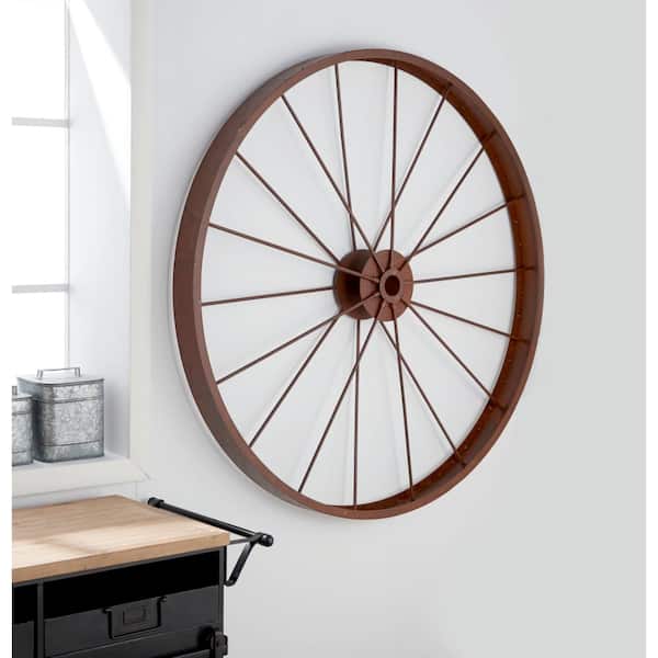 46 in. L x 46 in. H Indoor/Outdoor Large Red Metal Wheel Wall Decor Garden Statue