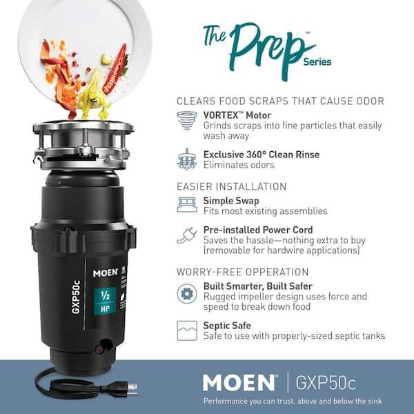 MOEN Prep Series 1/2 HP Continuous Feed Garbage Disposal including Stainless Drain Stopper