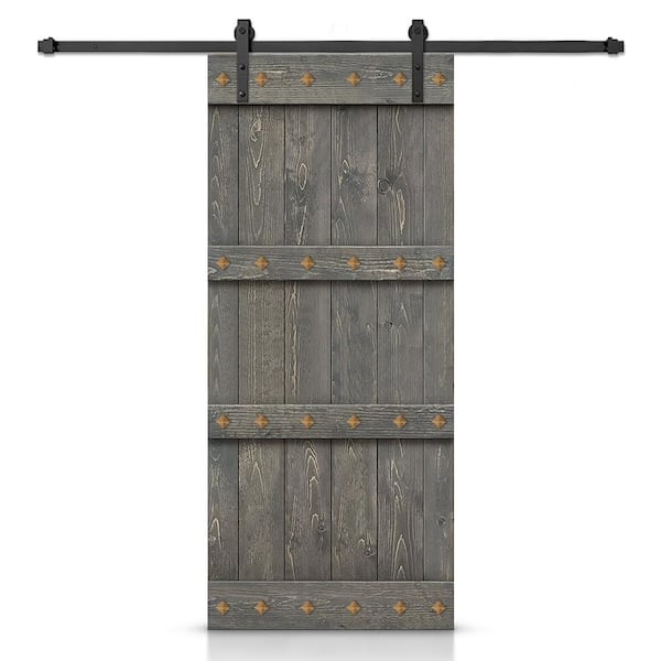 CALHOME 34 in. x 84 in. Weather Gray Stained DIY Knotty Pine Wood Interior Sliding Barn Door with Hardware Kit and Clavos