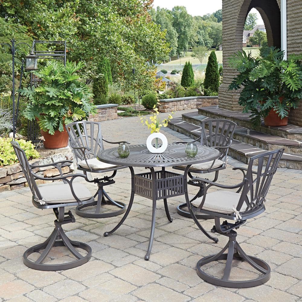 HOMESTYLES Grenada Taupe Tan 42 in. 5-Piece Cast Aluminum Round Outdoor ...