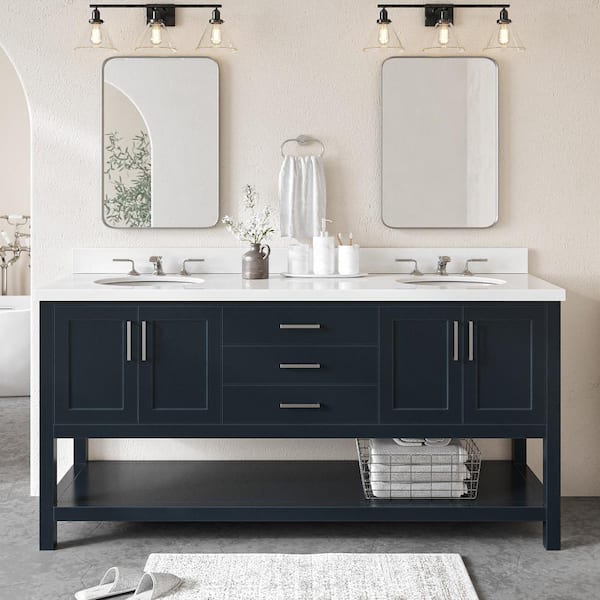 ARIEL Magnolia 73 in. W x 22 in. D x 36 in. H Bath Vanity in Midnight Blue with White Pure Quartz Vanity Top with White Basins