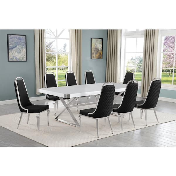 Best Quality Furniture Miguel 9-Piece Rectangle White Wood Top Silver Stainless Steel Dining Set with 8 Black Velvet Chairs