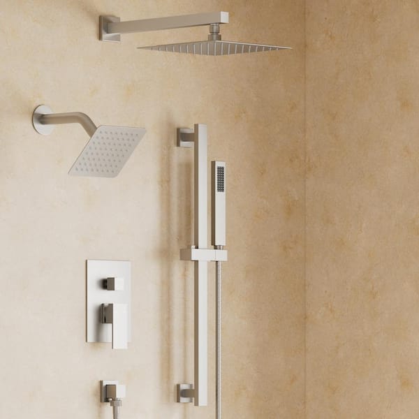 YAWWALK 3-Spray 10 and 6 in. Wall Mount Dual Shower Heads and Handheld Shower Head in Brushed Nickel (Valve Included)