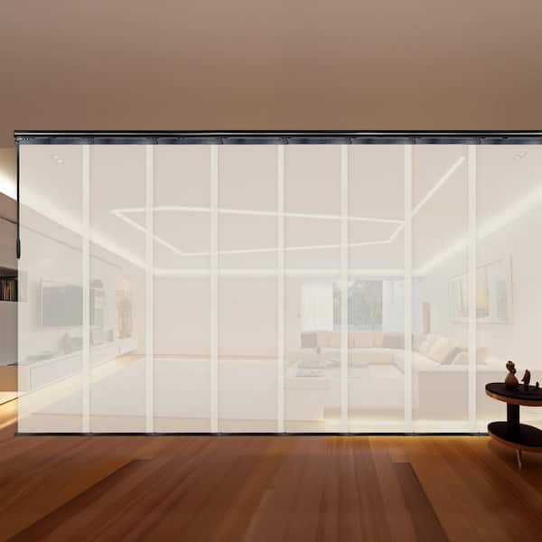 EMOH Ivory Mesh 130 in. - 175 in. W x 116 in. L Adjustable 8-Panel Black Double Rail Panel Track with 23.5 in. Slates